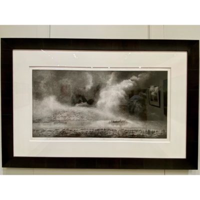 "Elk Lake Adirondack Mountains, NY," an engraving of a cloudy langscape by Norma Morgan, was loaned by the PFF Collection for the Cinque Gallery exhibition.