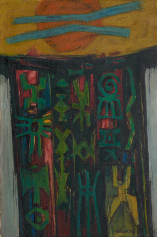 Hale Woodruff, Celestial Gate, Oil on linen, c. 1965-68. Abstract painting with symbols in green, yellow, and red hues.