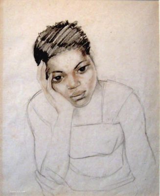 PFF101-Alix Ayme, Portrait of a Young Woman Holding Her Head in Her Right Hand, Charcoal, 1962-1963. Portrait of African (Congolese) Woman.