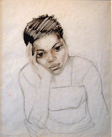 Alix Ayme, Portrait of a Young Woman Holding Her Head in Her Right Hand, Charcoal, 1962-1963. Portrait of African (Congolese) Woman.