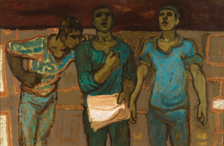 PFF102-Avel de Knight, The Rehearsal, Oil,1955. Three male figures in dance attire singing, one holding sheet music.