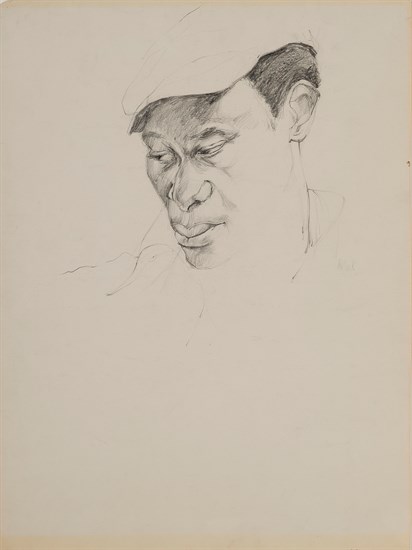 PFF105-Barbara Bullock, Scorpio, Charcoal, 1968. African American male in three quarter view wearing a cap.
