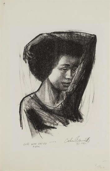PFF109-Calvin Burnett, Girl with Arm Raised, Lithograph, 1962. Young African American woman in three quarter view.