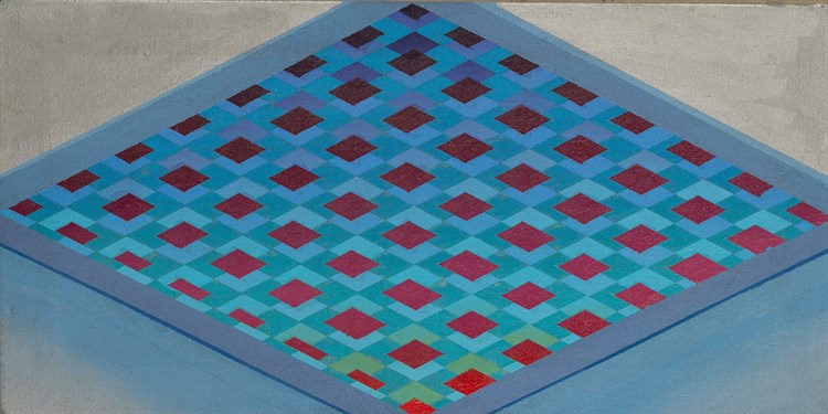 James Dupree, Untitled Diamond Form, Oil, 1980. Op Art diamond composition in blues and reds, with silver and blue background.