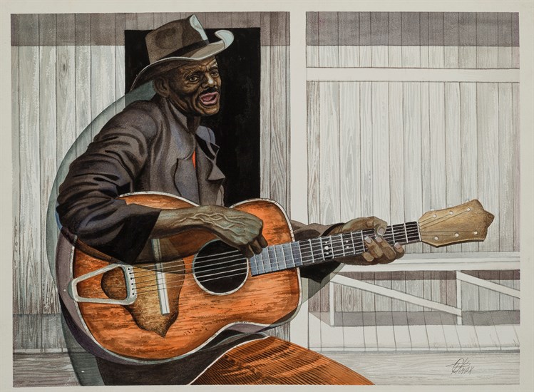 PFF112-Columbus Knox, Guitar Player 1, Watercolor, 1980. Male guitar player singing, seated, and wearing a brimmed hat.