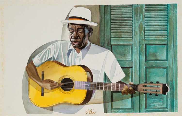 PFF113-Columbus Knox, Guitar Player 2, Watercolor, 1980. Male guitar player with a white shirt and hat, standing in front of closed green shutters.
