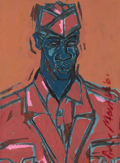 PFF115-Deryl Mackie, Pink Soldier, Tempera, 2001. Portrait of an African American soldier.