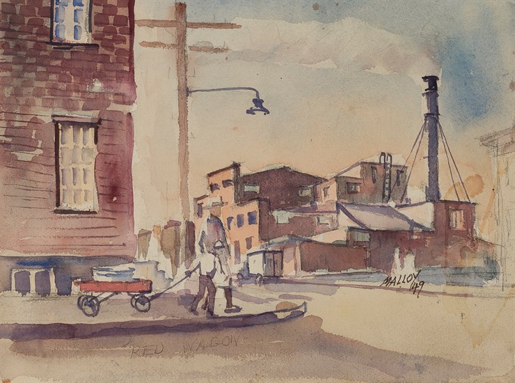 Tom Malloy, Red Wagon, Watercolor, 1949. Urban landscape with two figures, one an older male and the other a child pulling a wagon.
