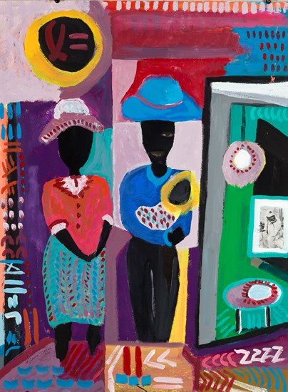 Ulysses Marshall, Father is Home / Jazz Band, Mixed Media, 1994. Front: 2 women wearing hats, one holding an infant. Verso: two figures playing a saxophone and an electronic keyboard.