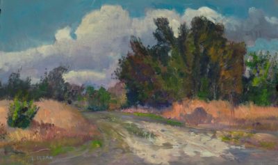 PFF119-Louis Sloan, Tarpin Springs, Florida, Oil, 1991. Landscape depicting a dirt road with low trees and clouds and blue skies on the horizon.