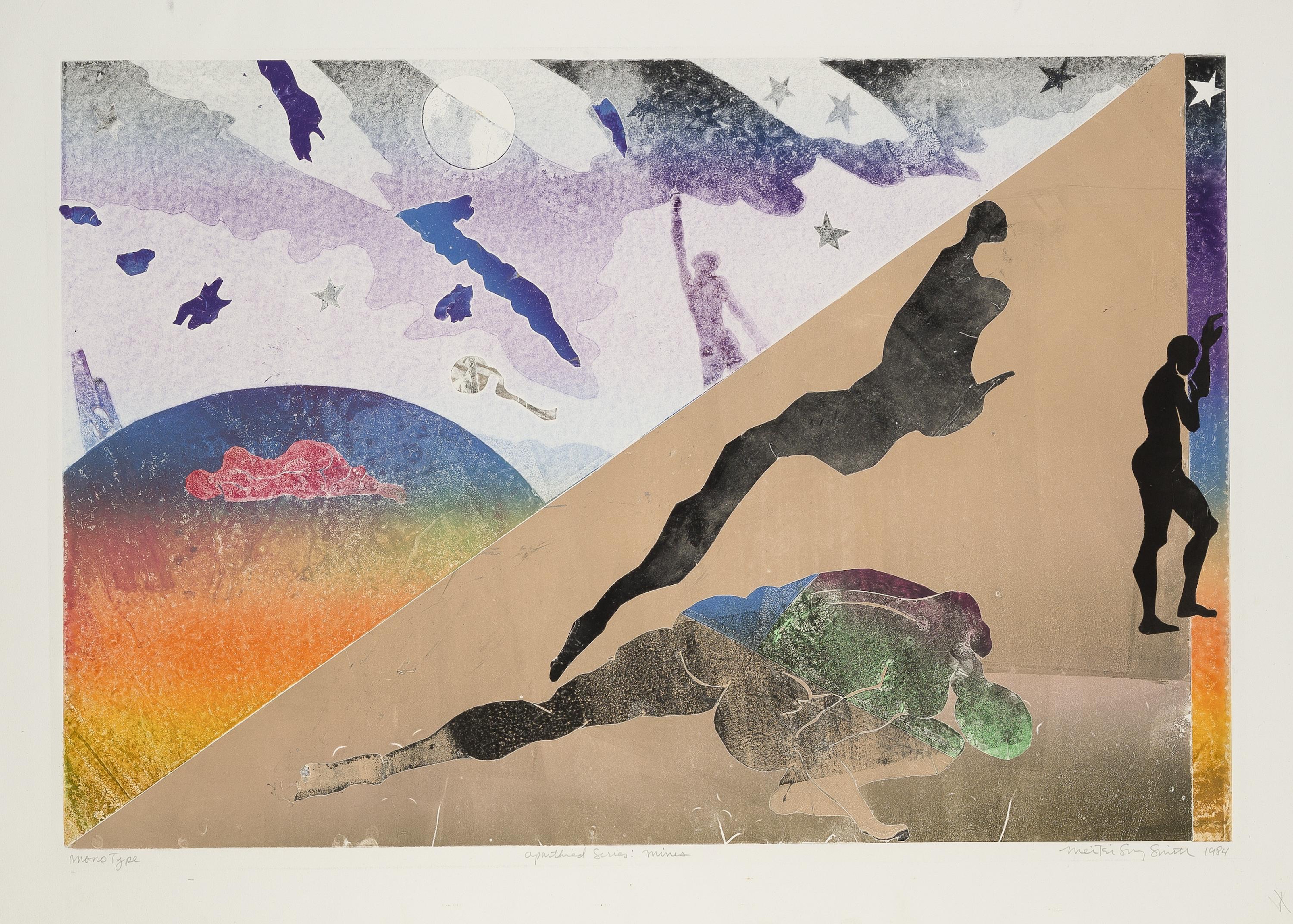 Mei Tai Smith, Mines-Apartheid Series, Monotype, 1984. Abstract composition referencing landscape with figures in lower right.