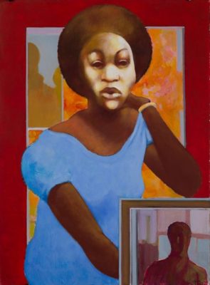 PFF121-Paul Keene, Blue Dress, Acrylic, 1985. Seated woman in blue dress with red frame and lower right another frame with the silhouette of another figure.