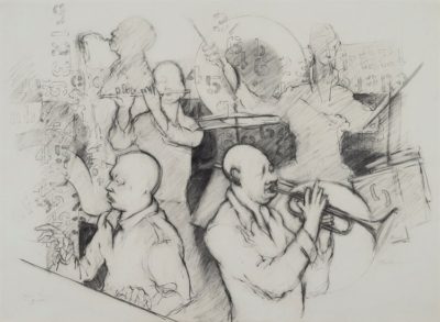 PFF122-Paul Keene, Jazz Series - Quintet, Charcoal, 1983. Jazz musicians including pianist, drummer, and trumpet, flute, and saxophone players.