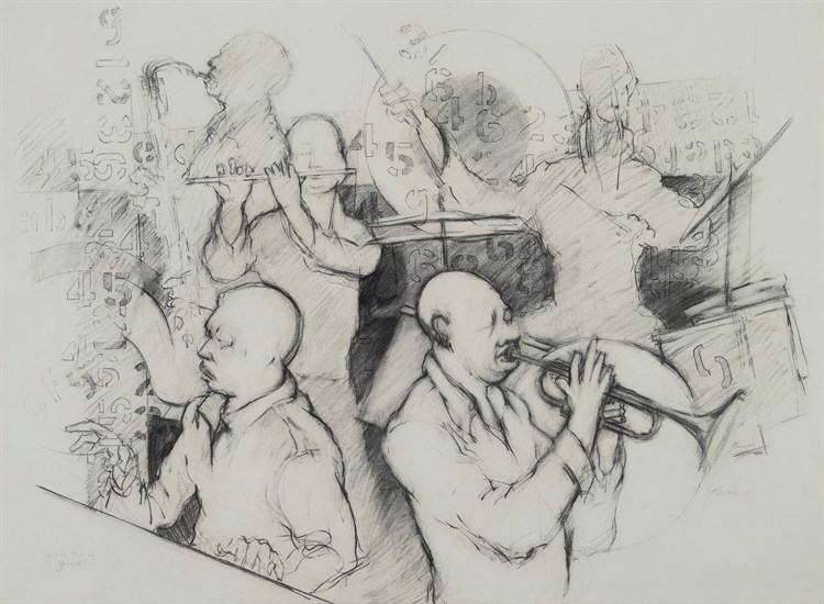 Paul Keene, Jazz Series - Quintet, Charcoal, 1983. Jazz musicians including pianist, drummer, and trumpet, flute, and saxophone players.