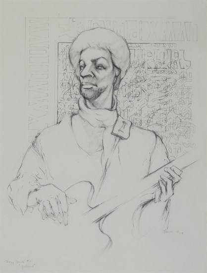 Paul Keene, Jazz Series #8 - Guitareal, Charcoal, 1983. African American male guitar player with stenciled letters and numbers in background.