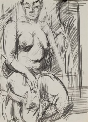 PFF124-Paul Keene, Paris Sketch #1- Seated Woman on Lap, Pencil, 1950. Drawing depicts seated nude female with her hand on the top of her thigh.