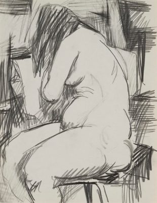 PFF125-Paul Keene, Paris Sketch #2 - Seated Woman Facing Away, Pencil, 1950. Drawing depicts a female nude figure facing away and seated on a chair.