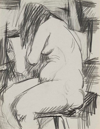 Paul Keene, Paris Sketch #2 - Seated Woman Facing Away, Pencil, 1950. Drawing depicts a female nude figure facing away and seated on a chair.