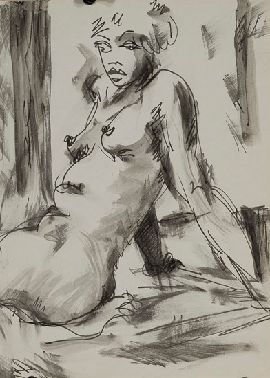 PFF126-Paul Keene, Paris Sketch #3 - Seated Woman Leaning On Arms, Charcoal, 1950. Drawing depicts a seated nude female leaning back against both arms.