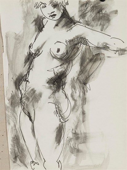 Paul Keene, Paris Sketch #4 - Standing Woman, Charcoal, 1950. Drawing depicts female nude in three quarter view.