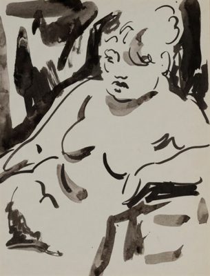 PFF128-Paul Keene, Paris Sketch #5 - Seated Woman, Ink, 1950. Drawing depicts a seated nude female resting on one arm.