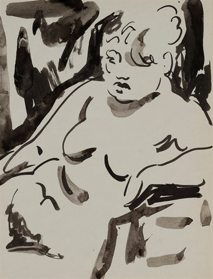 Paul Keene, Paris Sketch #5 - Seated Woman, Ink, 1950. Drawing depicts a seated nude female resting on one arm.