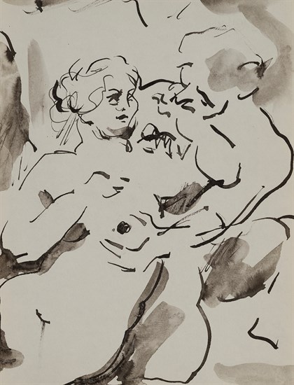Paul Keene, Paris Sketch #6 - Man and Women, Ink, 1950. Drawing depicts a male and female nude seated figures in an embrace.