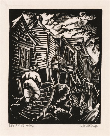 Hale Woodruff, Returning Home, Linocut, 1935. Landscape with shanty houses and figure ascending staircase to enter first house on left.