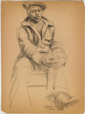 PFF132-Hughie Lee-Smith, Untitled (Seated Figure), Pencil, 1938. Young male seated in chair with hands clasped around one knee, wearing a heavy coat, cap, and work boots.