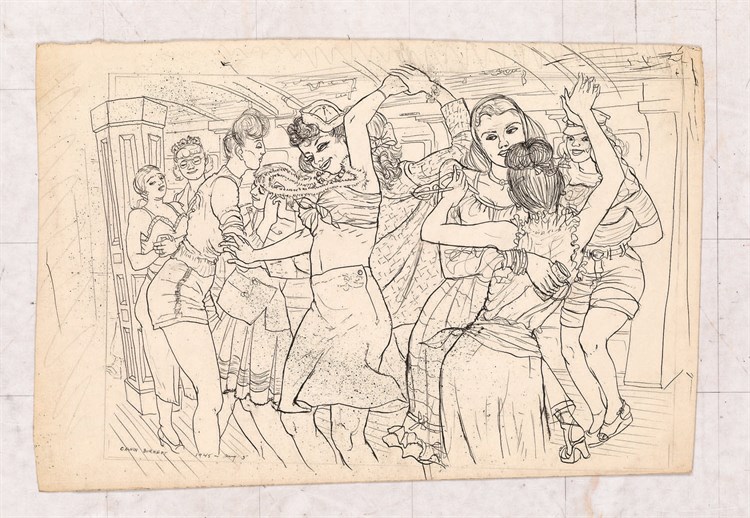 PFF134-Calvin Burnett, Man Shortage, Ink, 1945. Young women dancing together in World War II period dance hall, some figures wearing service man's caps.