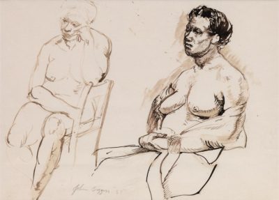 PFF136-John Biggers, Untitled Seated Nude, Ink, 1957. Two studies of seated female nude, left figure with drape is more finished.