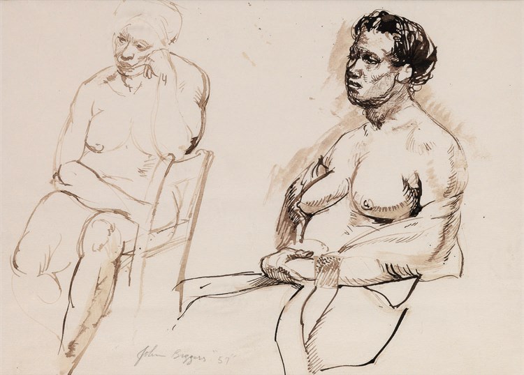 John Biggers, Untitled Seated Nude, Ink, 1957. Two studies of seated female nude, left figure with drape are more finished.