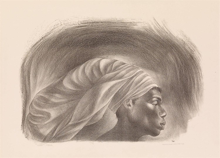 PFF138-Charles White, Juba, Lithograph, 1965. Portrait of African American woman with head wrap in profile.