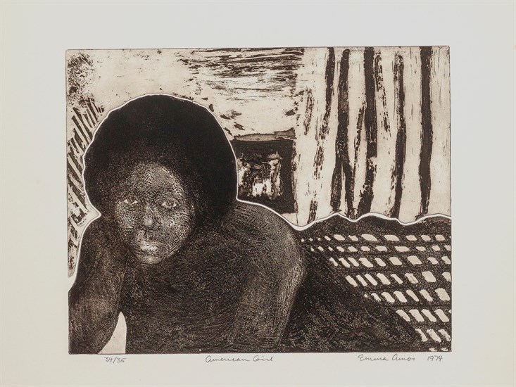 PFF140A-Emma Amos, American Girl , Etching, 1974. Figurative portrait of a nude African American woman with an interior in the background (Impressions:Our World Volume)