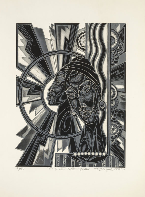 Eldzier Cortor, Compositional Study No. 3, Etching, 1974. A graphic abstract composition with a central portrait of a woman in profile (Impressions:Our World Volume).
