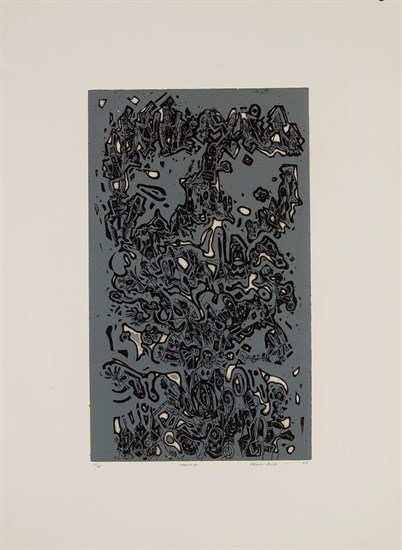 Norman Lewis, Carnival, Etching, 1974. Abstract composition on a blue-gray field (Impressions:Our World Volume).