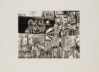 PFF140F-Vincent Smith, The Triumph Study B.L.S., Etching, 1974. Abstracted composition with figural elements and African Masks (Impressions:Our World Volume).