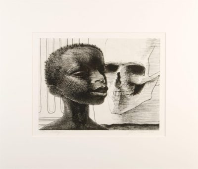 PFF140G-John Wilson, Dialogue, Etching, 1974. Portrait of a young African American boy with a human skull in the background (Impressions:Our World Volume).