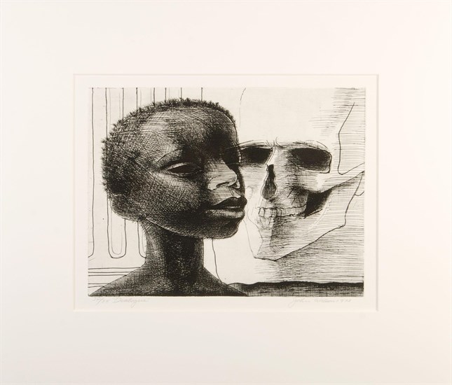 John Wilson, Dialogue, Etching, 1974. Portrait of a young African American boy with a human skull in the background (Impressions:Our World Volume).