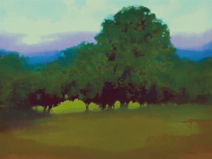Richard Mayhew, Atascadero, Serigraph, 2013. Landscape in blue and green.
