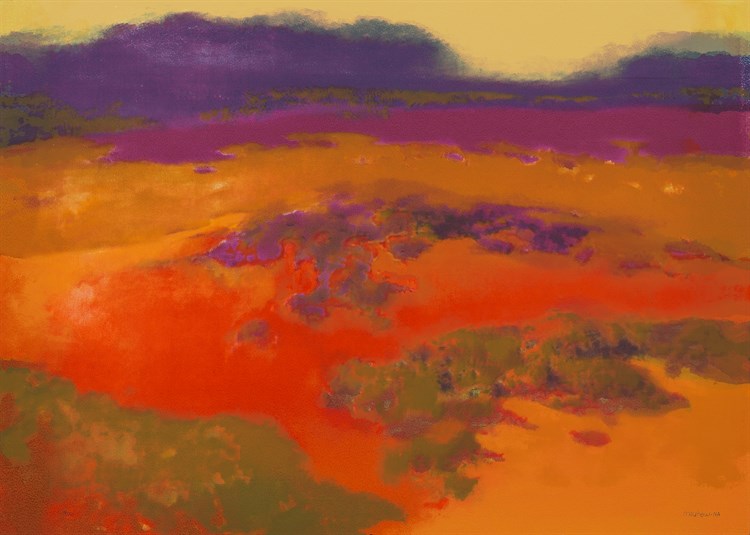 PFF143-Richard Mayhew, Summation, Serigraph, 2013. Landscape with orange foreground.