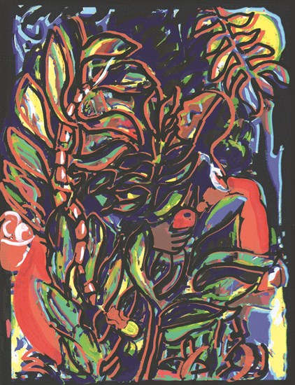 PFF146B-David Driskell, Temptation in the Garden, Serigraph, 2008. Abstract composition referencing figure in landscape holding fruit (Doorway Portfolio).