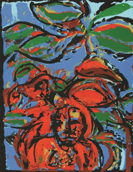 PFF146D-David Driskell, Forest Girl, Serigraph, 2008. Abstract composition with reference to figure in red in foreground (Doorway Portfolio).