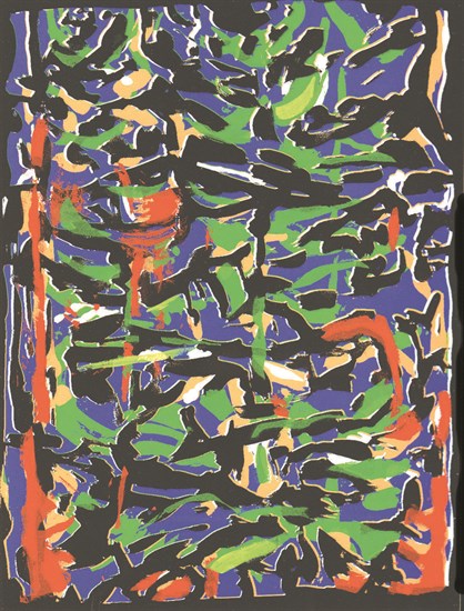 PFF146H-David Driskell, Pine Trees in the Night, Serigraph, 2008. Abstract composition referencing landscape (Doorway Portfolio).