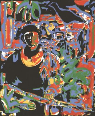 PFF146L-David Driskell, The Practice, Serigraph, 2008. Abstract composition referencing landscape with figure in black with yellow necklace in foreground (Doorway Portfolio).