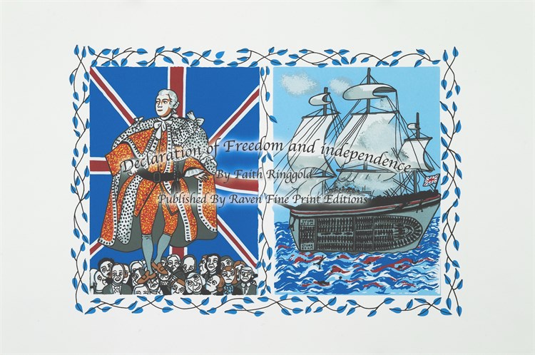 Faith Ringgold, Cover “Freedom and Independence” Portfolio, Serigraph, 2009. Print divided in two sections, one depicting George Washington, the other a ship at sea. Title printed at Center.