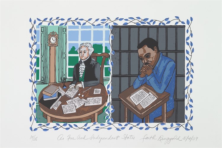 Faith Ringgold, As Free and Independent States, Serigraph, 2009. Print divided in two sections, one depicting Thomas Jefferson, and the other Martin Luther King Jr. in prison.