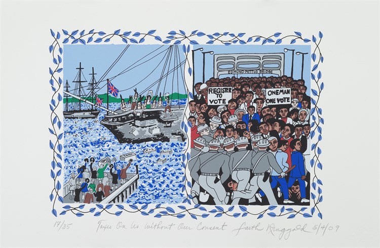 Faith Ringgold, Taxes On Us Without Our Consent, Serigraph, 2009. Print divided in two sections, one depicting the Boston Tea Party, and the other the historic march and confrontation on the Edmund Pettus Bridge in Selma, Alabama.