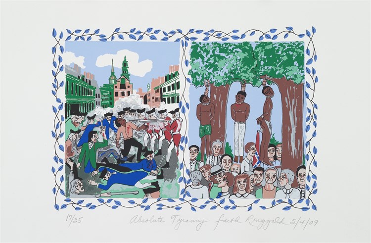 Faith Ringgold, Absolute Tyranny, Serigraph, 2009. Print divided in two sections, one depicting the Boston Massacre, and the other a public lynching of three black men.