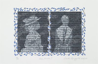 PFF147F-Faith Ringgold, And Women?, Serigraph, 2009. Print divided in two sections, one depicting Abigail Adams, and the other Sojourner Truth, both in grey tones and overlaid with excerpts of their respective writings on women’s rights.
